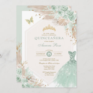 Sage Groen Goud Quinceañera Boho Bloemen Verjaarda Kaart