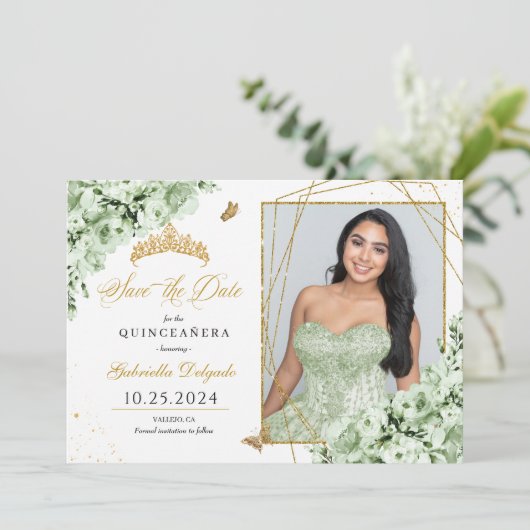 Sage Groen & Goud Quinceañera Sla de datum foto op Kaart (Staand voorkant)