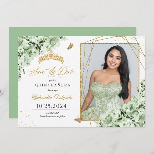 Sage Groen & Goud Quinceañera Sla de datum foto op Kaart (Voorkant / Achterkant)