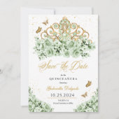 Sage Groen & Goud Tiara Bewaar de datum Quinceañer Kaart (Voorkant)