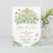 Sage Groen & Goud Tiara Bewaar de datum Quinceañer Kaart (Staand voorkant)