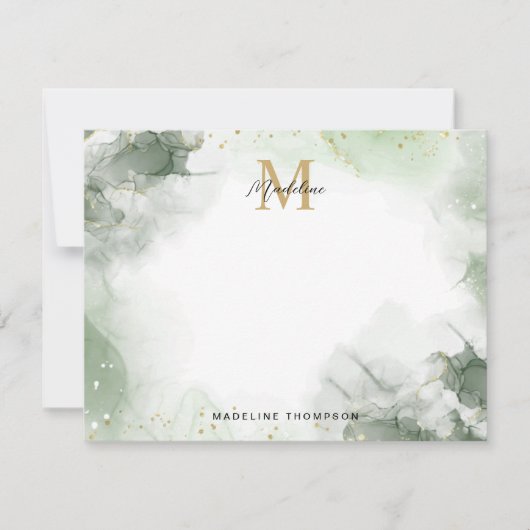 Sage Groen Goud Waterverf Splash Script Monogram Notitiekaartje (Voorkant)