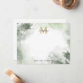Sage Groen Goud Waterverf Splash Script Monogram Notitiekaartje (Voorkant / Achterkant in situ)