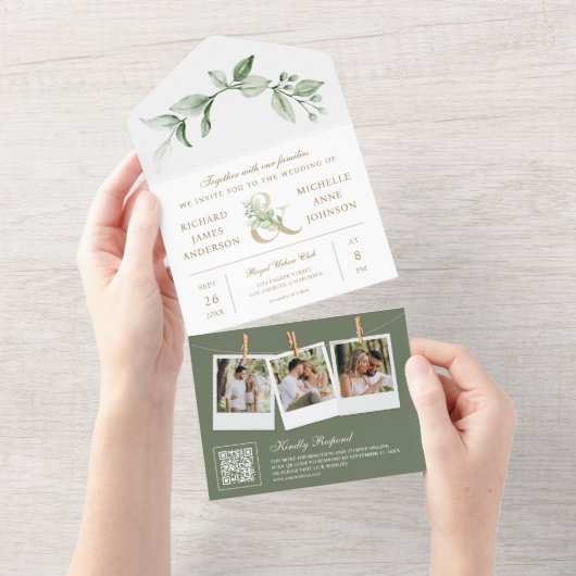 Sage groen gouden ampersand QR code bruiloft All In One Uitnodiging (Afscheurbaar)