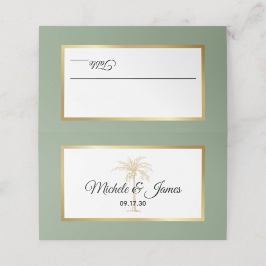 Sage Groen Gouden Palm Moderne Bruiloft Plaatskaartje (Buitenkant ongevouwen)