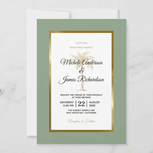 Sage Groen Gouden Palm Tropische Bruiloft Kaart (Voorkant)