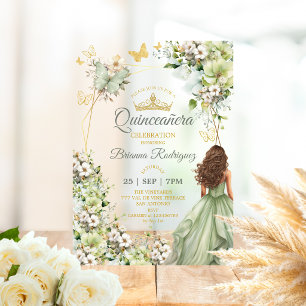 Sage Groen Gouden Tiara Vlinder Quinceañera Acryl Uitnodigingen