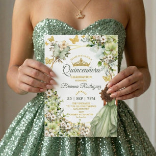 Sage Groen Gouden Tiara Vlinder Quinceañera Kaart