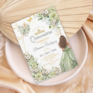 Sage Groen Gouden Tiara Vlinder Quinceañera Kaart