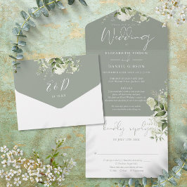 Sage Groen Groen Bloemen Details RSVP Bruiloft All In One Uitnodiging