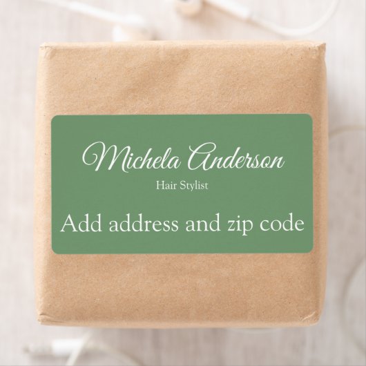 Sage groen haar stylist voeg adres postcode etiket (Insitu)