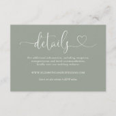 Sage Groen Hart Script Bruiloft Details Informatiekaartje (Voorkant)