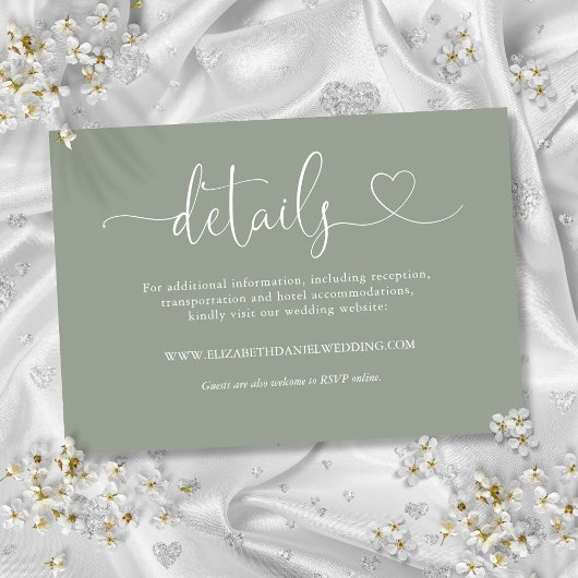 Sage Groen Hart Script Bruiloft Details Informatiekaartje