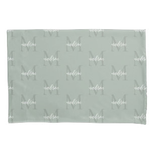 Sage Groen Herhalend Monogram Gepersonaliseerde Na Kussensloop