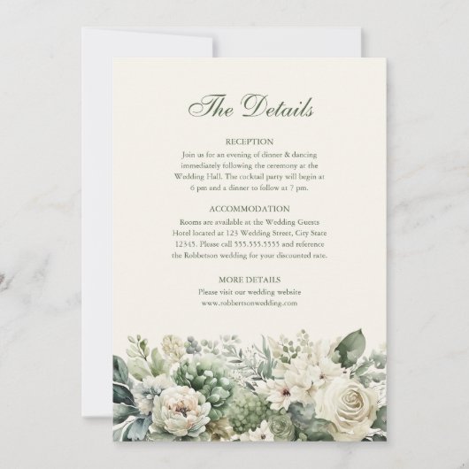Sage Groen & Ivoor Bloemen Bruiloft Details Kaart (Voorkant)