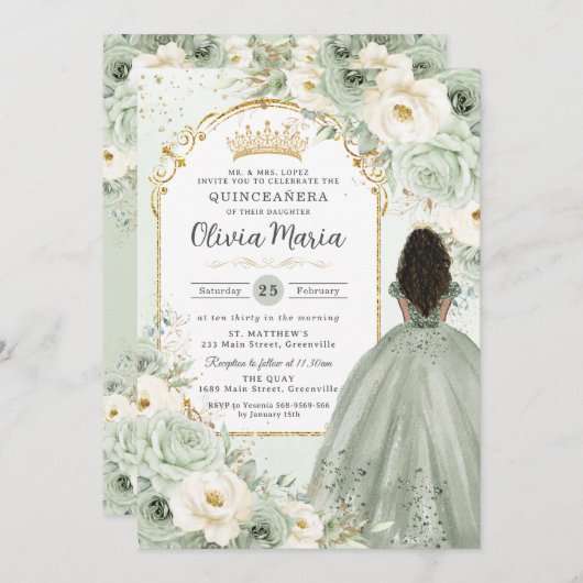 Sage Groen Ivoor Bloemen Bruin Meisje Quinceañera Kaart (Voorkant / Achterkant)