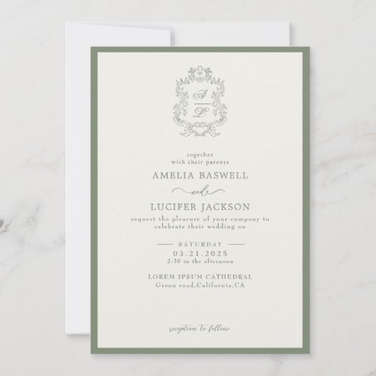 Sage Groen & Ivoor Bloemen Monogram Kreeft Trouwen Kaart (Voorkant)