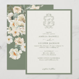 Sage Groen & Ivoor Bloemen Monogram Kreeft Trouwen Kaart
