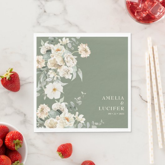 Sage Groen & Ivoor Bloemen Monogram Kreeft Trouwen Servet (Insitu)