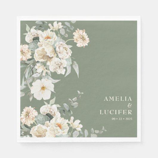 Sage Groen & Ivoor Bloemen Monogram Kreeft Trouwen Servet (Voorkant)