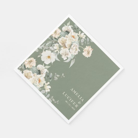 Sage Groen & Ivoor Bloemen Monogram Kreeft Trouwen Servet (Hoek)