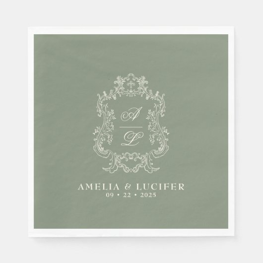 Sage Groen & Ivoor Bloemen Monogram Kreeft Trouwen Servet (Voorkant)