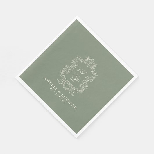 Sage Groen & Ivoor Bloemen Monogram Kreeft Trouwen Servet (Hoek)