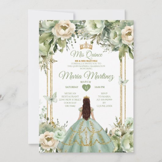 Sage Groen & Ivoor Bloemen Prinses Quinceañera Kaart (Voorkant)