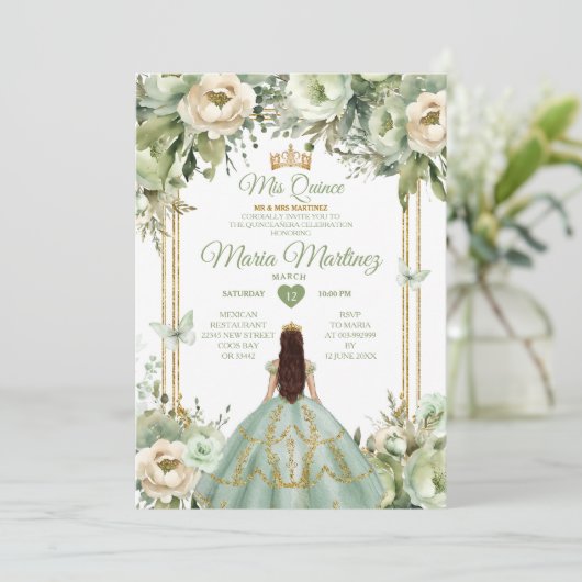 Sage Groen & Ivoor Bloemen Prinses Quinceañera Kaart (Staand voorkant)