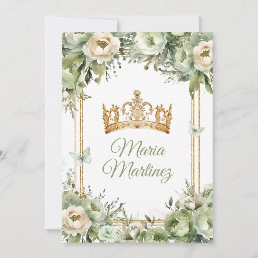 Sage Groen & Ivoor Bloemen Prinses Quinceañera Kaart (Achterkant)