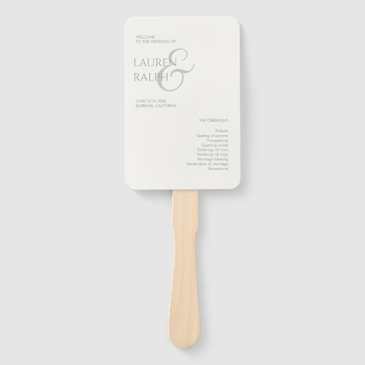 Sage Groen & Ivoor Monogram Huwelijksprogramma Handwaaier (Voorkant)