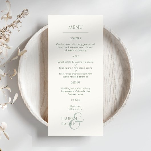 Sage Groen & Ivoor Monogrammed Bruiloft Menu