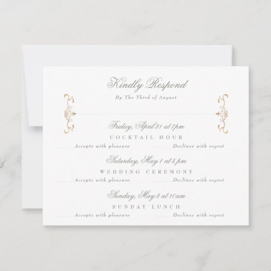 Sage Groen Klassiek Goud Bruiloft Multi-Event RSVP Kaartje (Voorkant)