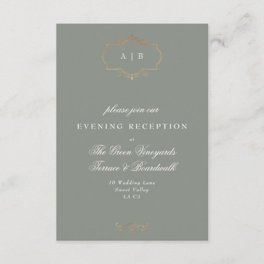 Sage Groen Klassiek Goud Monogram Bruiloft Informatiekaartje (Voorkant)