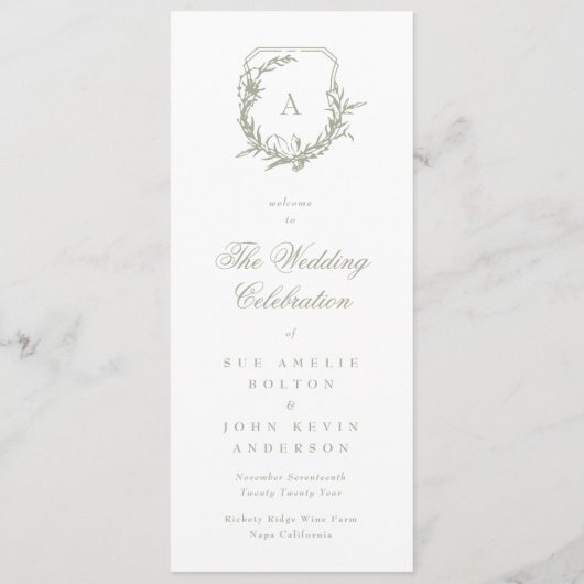 Sage Groen Klassiek Monogram Crest Bruiloft Programmakaart (Achterkant)