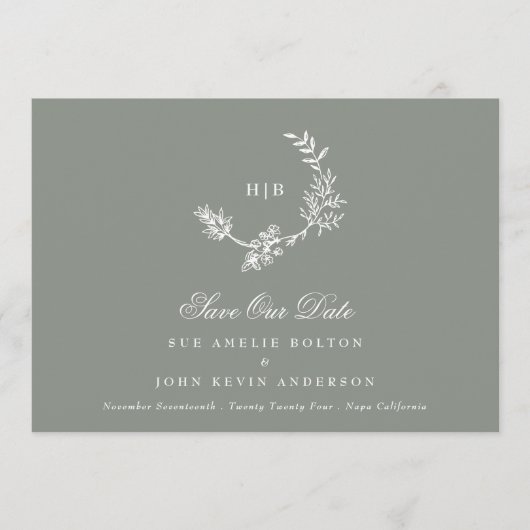 Sage Groen Klassiek Monogram Krans Foto Bruiloft Save The Date (Voorkant)