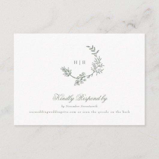 Sage Groen klassiek monogram QR CODE trouwkrans RSVP Kaartje (Voorkant)
