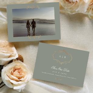 Sage Groen Klassieke Foto Goud Monogram Bruiloft Save The Date