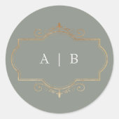 Sage Groen Klassieke Gouden Kam Monogram Bruiloft Ronde Sticker (Voorkant)