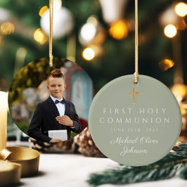 Sage Groen Kruis Jongen Eerste Communie Foto Keramisch Ornament