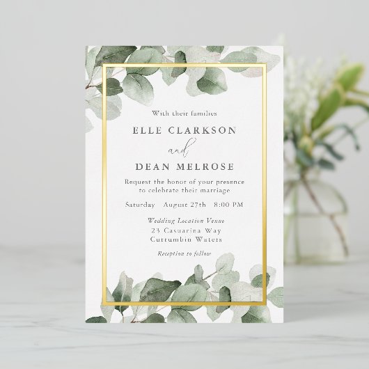 Sage Groen laat gouden grens bruiloft Folie Uitnodiging (Staand Voorkant)