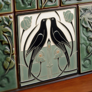 Sage Groen Mackintosh Zwart Vogels Art Deco Decor Tegeltje