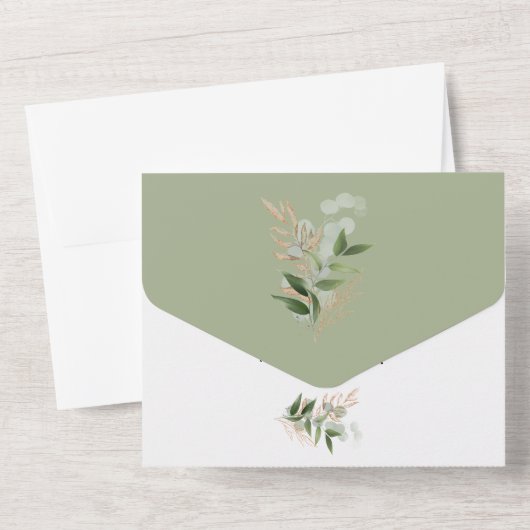 Sage groen met stoffig bladspray ontwerp alles in  all in one uitnodiging (Achterkant)