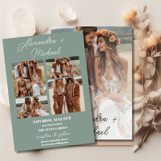 Sage Groen Minimale Overlay Foto Bruiloft Kaart