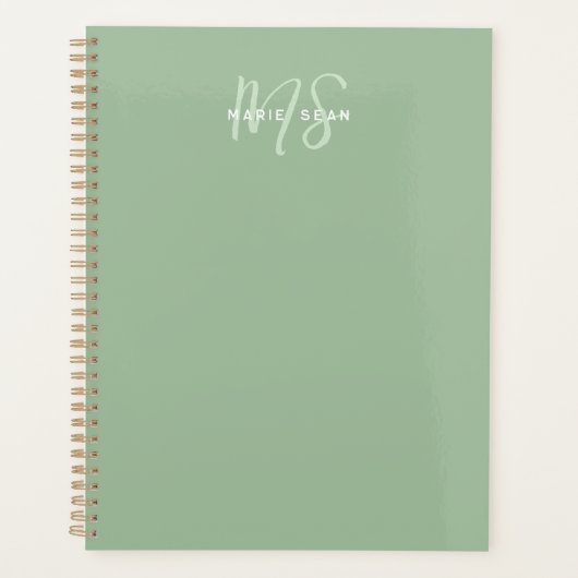 Sage Groen Minimalistisch Eenvoudig Twee Monogram Planner (Voorkant)