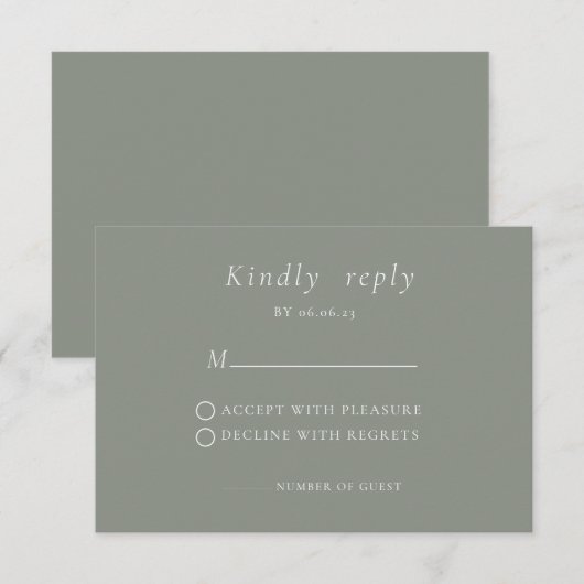 Sage groen Minimalistisch Elegant Bruiloft RSVP-ka RSVP Kaartje (Voorkant / Achterkant)