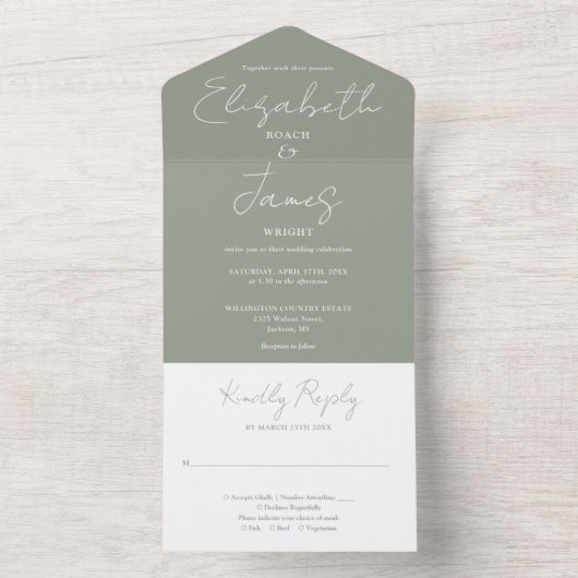 Sage Groen Minimalistisch Elegant Script Bruiloft All In One Uitnodiging (Binnen)