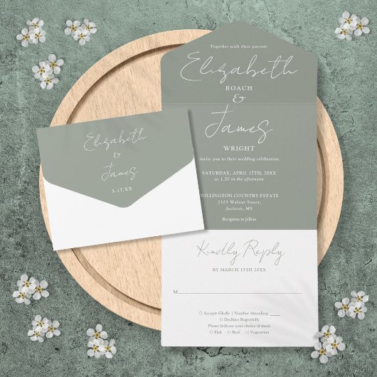 Sage Groen Minimalistisch Elegant Script Bruiloft All In One Uitnodiging