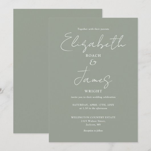 Sage Groen Minimalistisch Elegant Script Bruiloft Kaart (Voorkant / Achterkant)