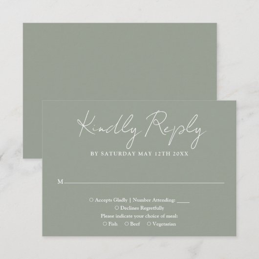 Sage Groen Minimalistisch Elegant Script Bruiloft RSVP Kaartje (Voorkant / Achterkant)